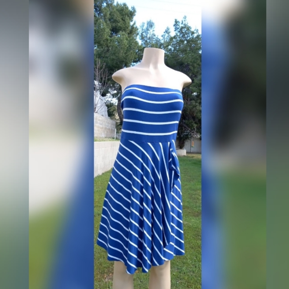 Ann Taylor Strapless Dress in Blue and White Stripes